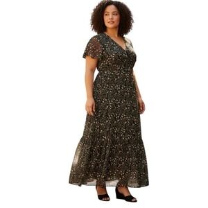NY Collection Plus Size Short Sleeve Wrap Chiffon Maxi Dress, Green/Black, Sz 2X